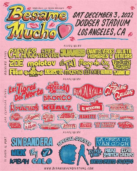 Besame mucho festival - Welcome to live coverage of the 2023 Bésame Mucho festival. This year’s headliners are Maná, Los Bukis and Gloria Trevi. Other acts will include Los Lobos, Los Ángeles Azules, Natalia ...